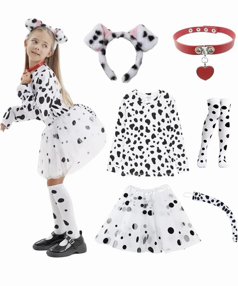 101 Dalmatian Costume For Kids Girls Shirt Outfit Ears Headband Socks S (5-7 Yrs